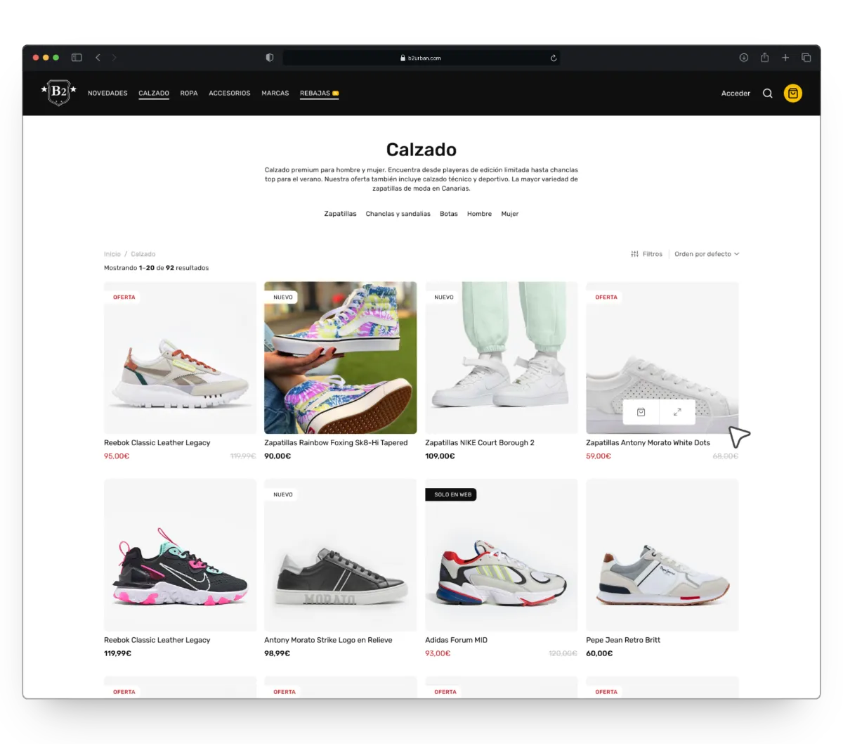 View of the Footwear Listing page in B2 Urban