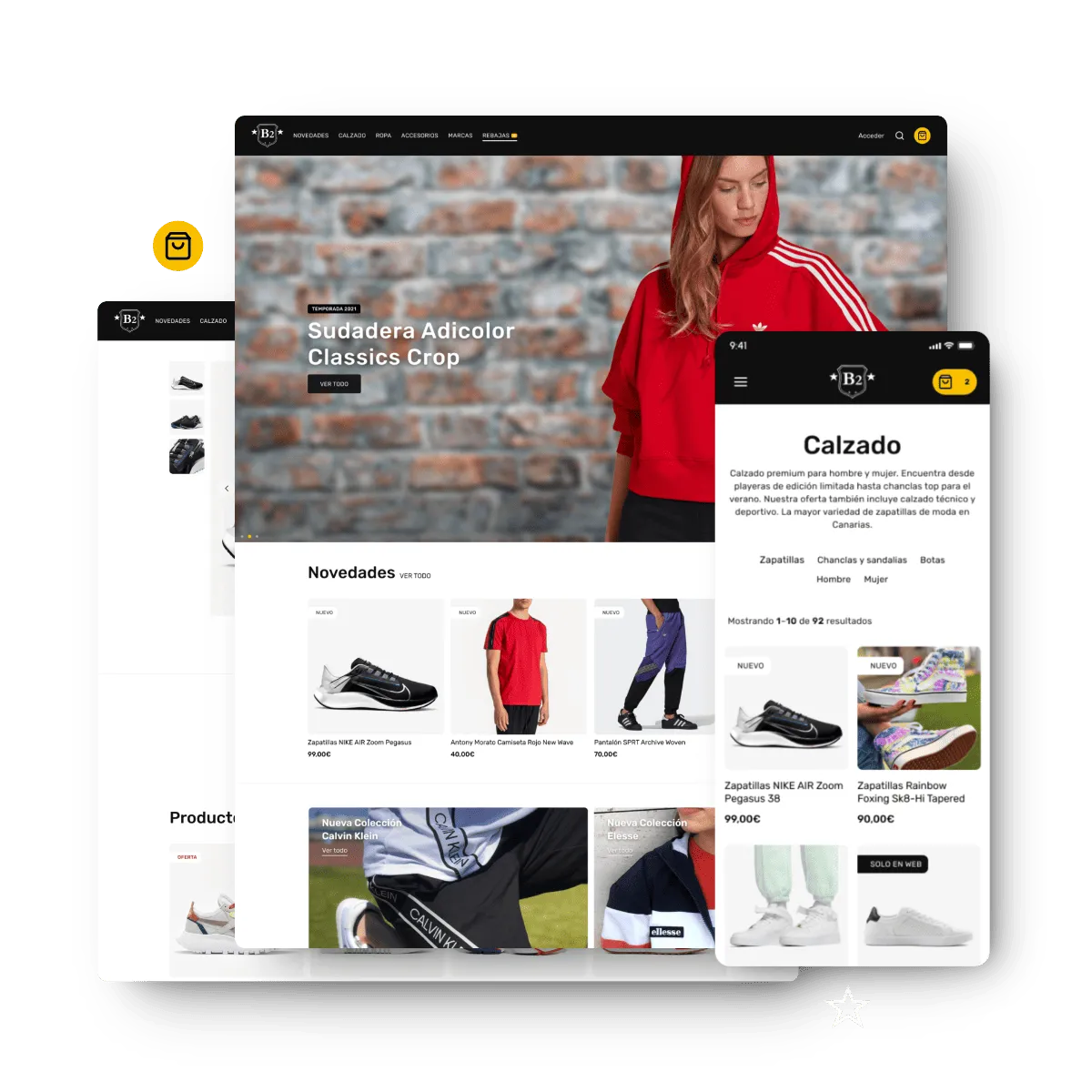 Three-view image of the interface design for B2 Urban's e-commerce