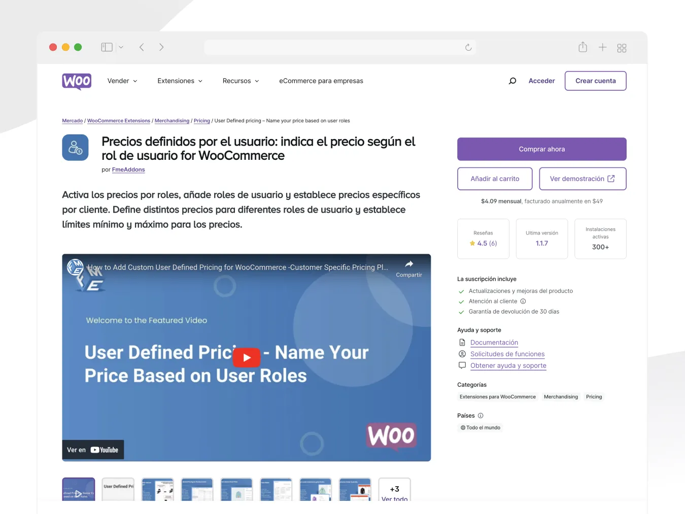 La imagen muestra la página de descarga y compra del plugin oficial Custom User Defined Pricing for Woocommerce