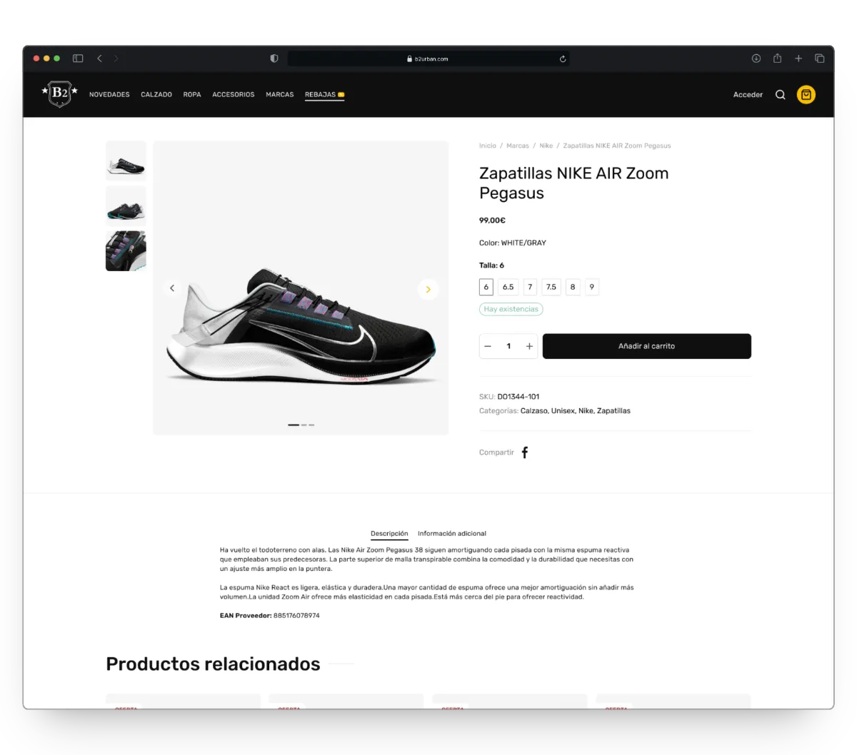 View of the product page on B2 Urban ecommerce