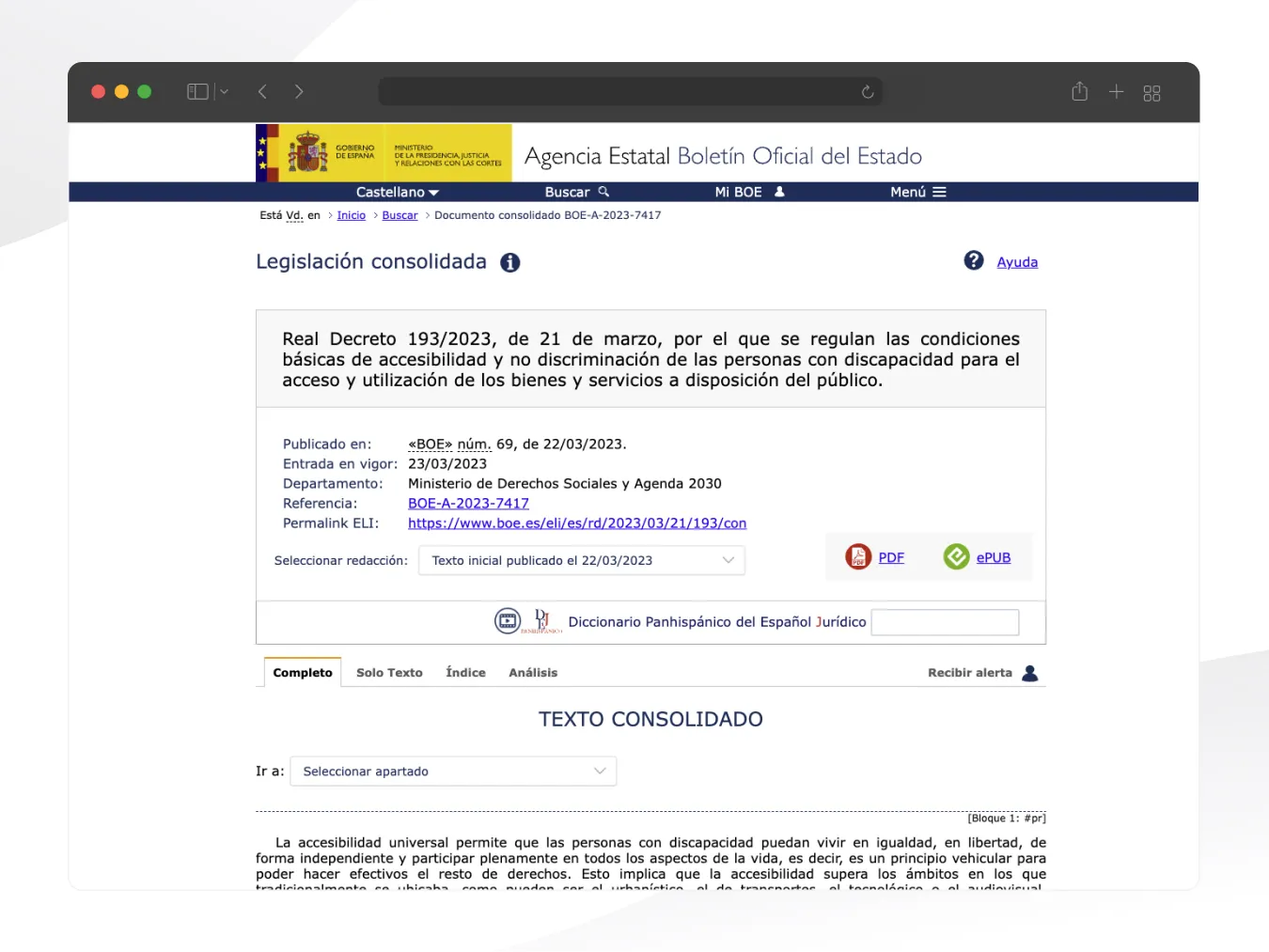 La imagen muestra captura de pantalla de la portada delReal Decreto 193/2023, de 21 de marzo sobre Accesibilidad Web